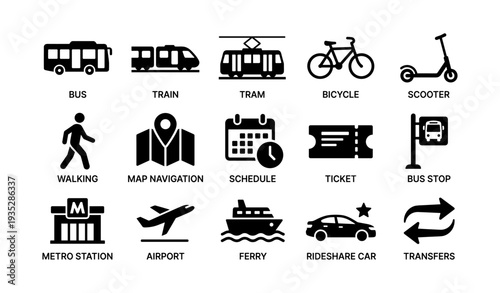 Public transportation icons - bus, train, tram, bicycle, walking, airport, ferry, transfers