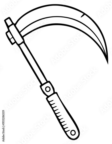 Sharp Scythe Illustration: Agricultural Tool with Curved Blade and Wooden Handle Depicting Farming, Harvesting, and Traditional Agriculture