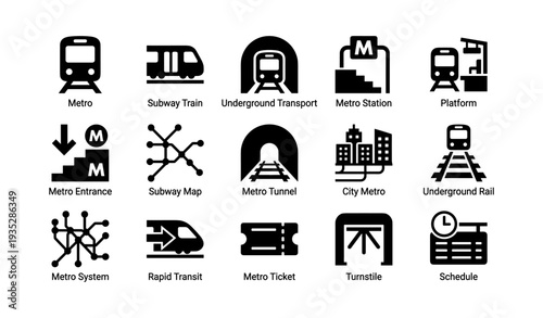 Icons of metro transportation: subway, stations, and maps
