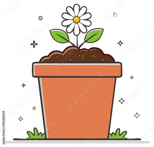 Simple Line Art Potted Daisy Flower Illustration with Green Leaves