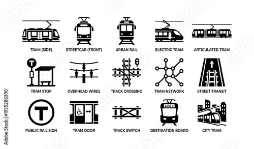 Tram and streetcar icons: urban rail transport symbols and infrastructure