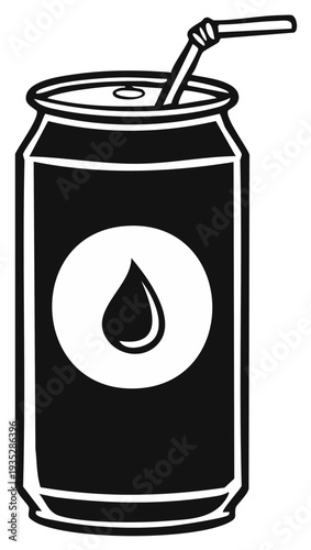 Soda can with straw and water drop icon, illustration