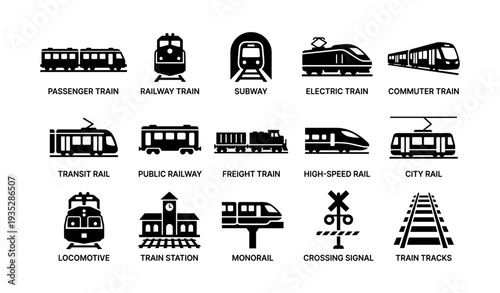 Various train icons: passenger, freight, subway, electric, high-speed, monorail