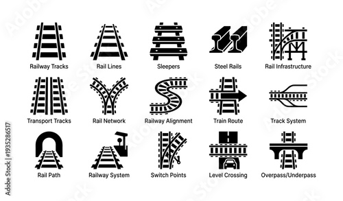 Railway infrastructure icons: tracks, sleeper, steel rails, transport systems