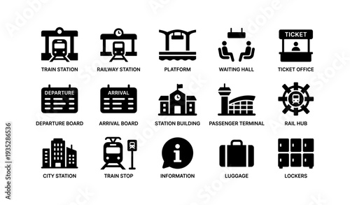 Train and travel icons: station, platform, ticket, and more