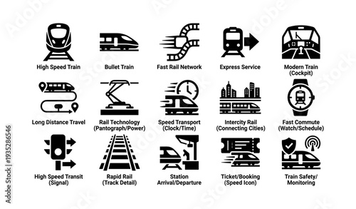 High speed train icons with rail network travel technology and transport elements