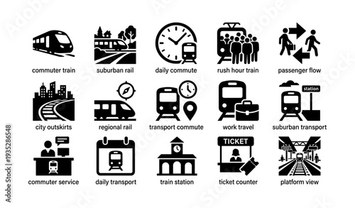 Commuter train and transportation icons for urban and suburban travel