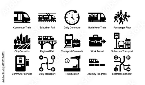 Commuter train icons: daily transport and station connectivity