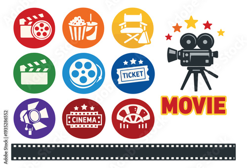 Colorful movie icon set featuring film reels, clapboards, popcorn, director's chair, movie camera, and tickets for cinema and entertainment