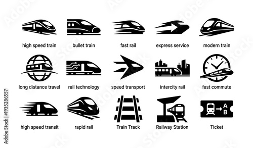 High speed train icons illustrating modern rail transportation concepts