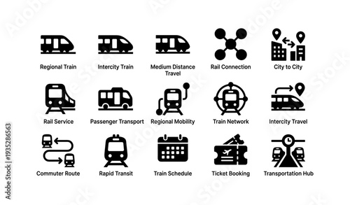 Public transport icons set: train, bus, and travel symbols for urban mobility
