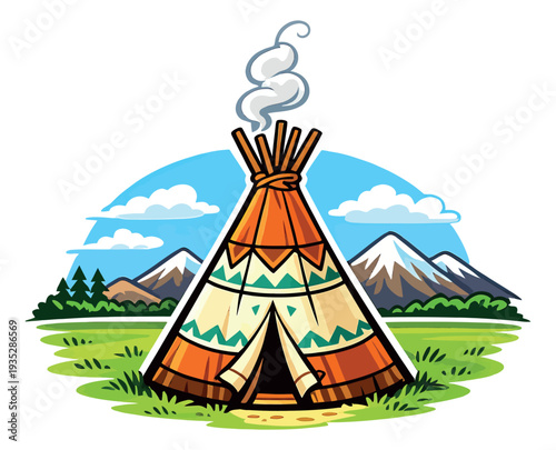 Cartoon illustration of a teepee depicting a traditional dwelling with smoke rising in a natural landscape for outdoor adventures