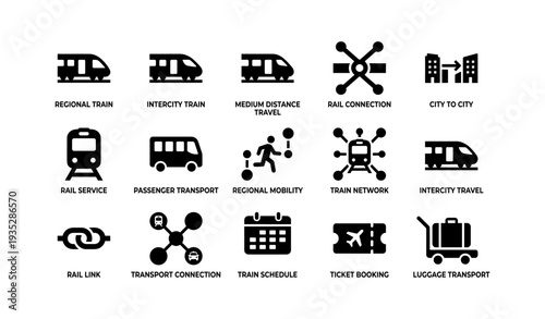Train travel icons: regional, intercity, mobility, connections, transport