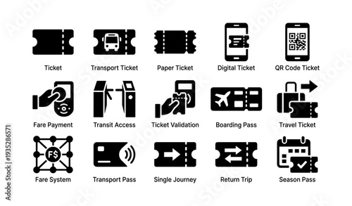 Ticket icons: transport, digital, qr code, payment, passes