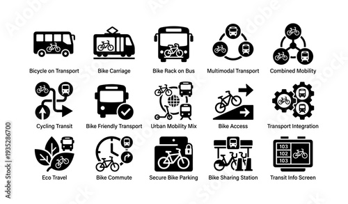 Bicycle and public transport icons for sustainable urban mobility