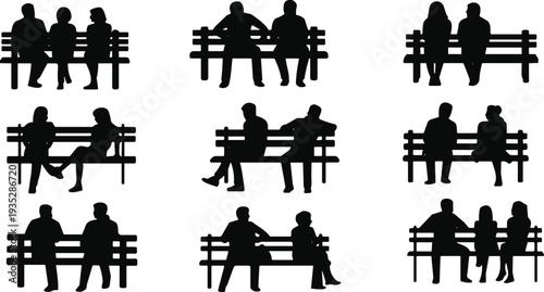 Set of people silhouettes sitting on park benches in different poses, black vector illustration collection isolated on white background for design projects