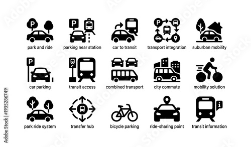 Transportation icons: park and ride, transit access, bicycle parking, ride-sharing, city commute