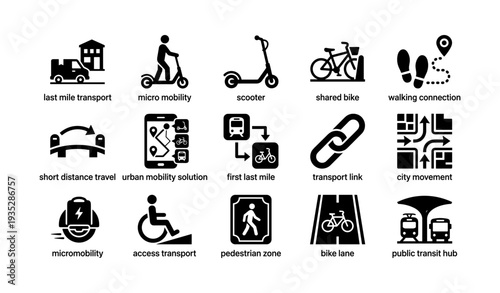 Urban mobility icons: scooter, bike, walk, accessibility, transport hub