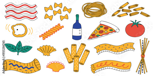 Assorted Italian Food Items Including Pasta, Pizza, Bacon, Tomato, Basil, and Wine Bottle cuisine