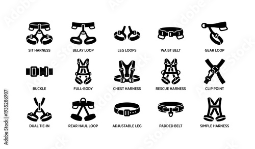 Diverse climbing harness types: sit, belay, full-body, chest, rescue, safety equipment icons