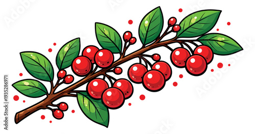 Cartoon illustration of a berry branch depicting ripe red berries for nature and food concepts
