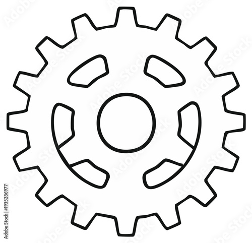 Outline of a single mechanical cogwheel with internal spokes and central hole