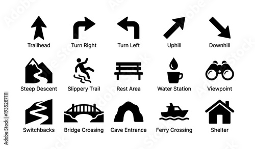 Trail icons set: navigation, terrain, facilities, and safety signage
