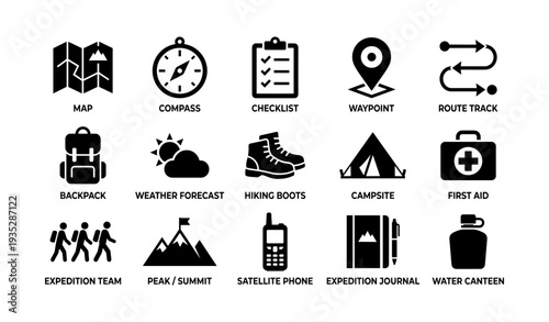 Essential hiking icons: map, compass, checklist, waypoint, and more adventure symbols
