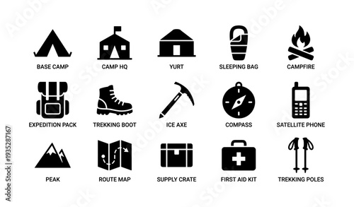 Camping essentials icons: gear, shelter, navigation, safety for outdoors