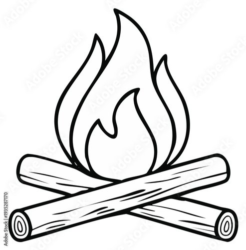 Simple Line Art Campfire with Crossed Logs and Dancing Flames