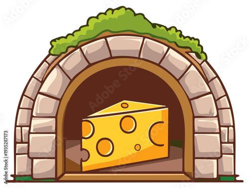 Delicious Swiss cheese wedge cartoon stored within a rustic stone arch grotto with green foliage