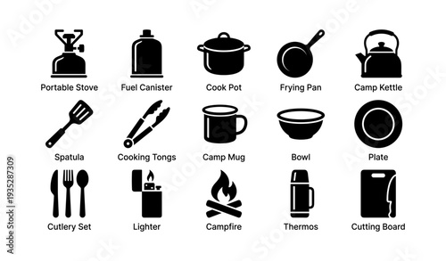 Portable stove fuel canister cook pot camping essentials icons