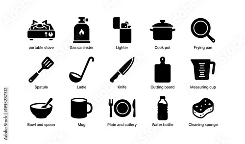 Camping cooking essentials: portable stove, cookware, utensils, and cleaning supplies