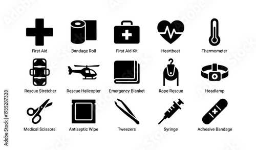 Essential emergency medical icons: first aid, helicopter, stretcher, thermometer, syringe