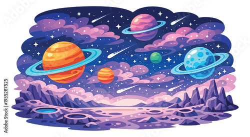Whimsical illustration of a cosmic landscape depicting colorful planets and stars for children's design
