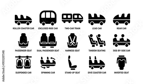 Collection of amusement park ride car icons and seating designs
