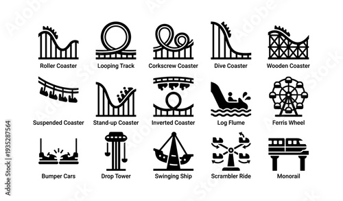 Icon set: amusement park rides featuring roller coasters and ferris wheel
