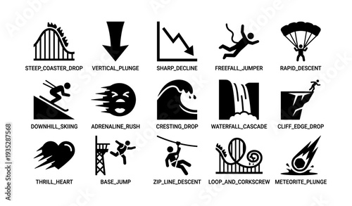 Extreme activity icons: skydiving, skiing, waterfall, roller coaster
