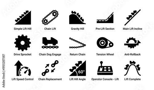 Roller coaster lift hill components diagram with sprockets and chains