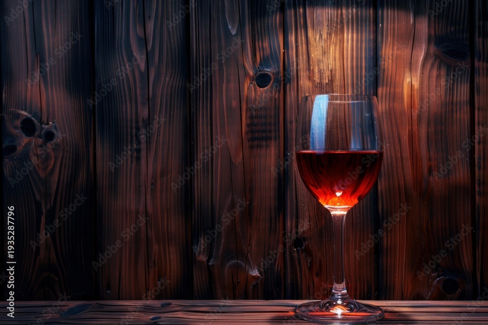 Naklejka premium Elegant glass of red wine placed on a wooden surface, set against a backdrop of rustic wooden planks, creating a warm and inviting ambiance