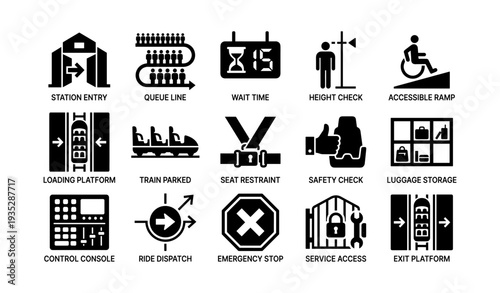 Amusement park safety and accessibility icons for ride guidelines