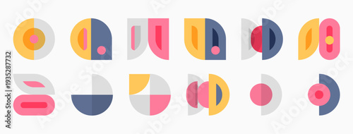Colorful geometric shapes arranged horizontally. Designs include circles, arcs, segments, plus abstract forms. Minimalist style, flat design.