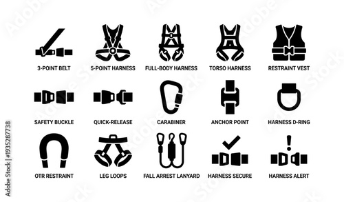 Safety harness equipment icons: belt, vest, buckle, carabiner, lanyard symbols