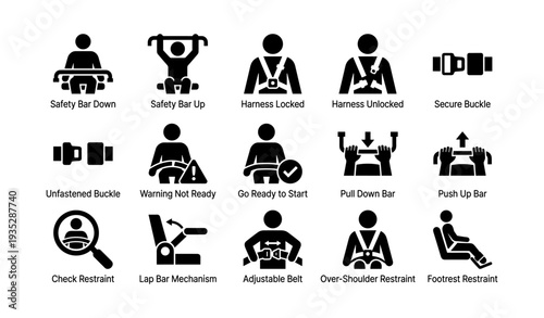 Amusement ride safety icons: harness, restraint, warning, and mechanism symbols