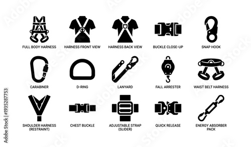 Safety harness equipment icons set: front, back, buckle, carabiner, lanyard, fall arrester