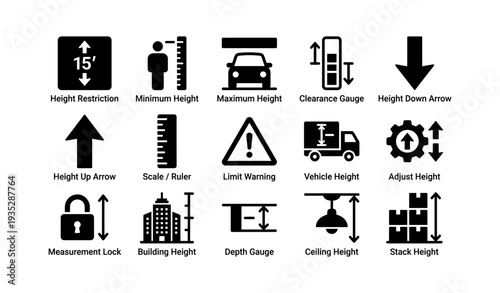 Height restriction and measurement symbols set with gauge and arrow indicators