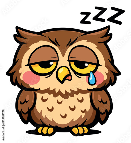 Cute cartoon illustration of an owl depicting being sleepy for children's designs
