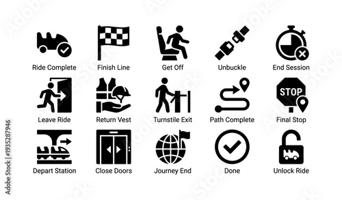 Transportation and amusement ride completion icons set