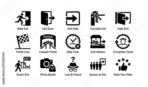 Amusement park symbols for exits rides and services