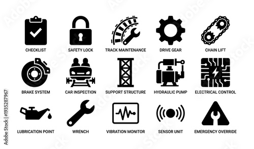 Industrial safety and maintenance icons: tools, systems, and monitoring equipment